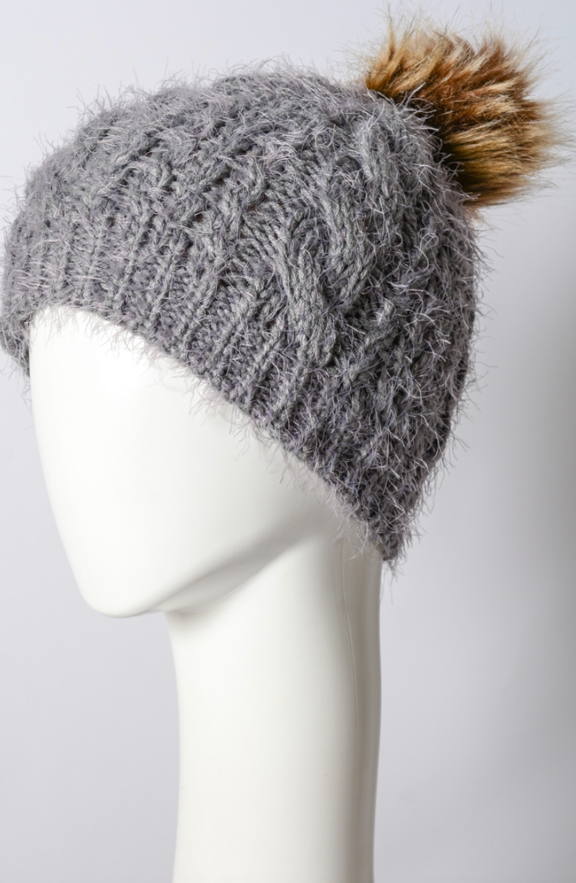 Mohair Fur Knit Pom Beanie