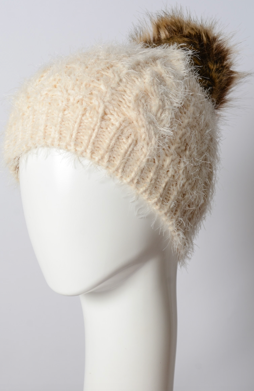 Mohair Fur Knit Pom Beanie