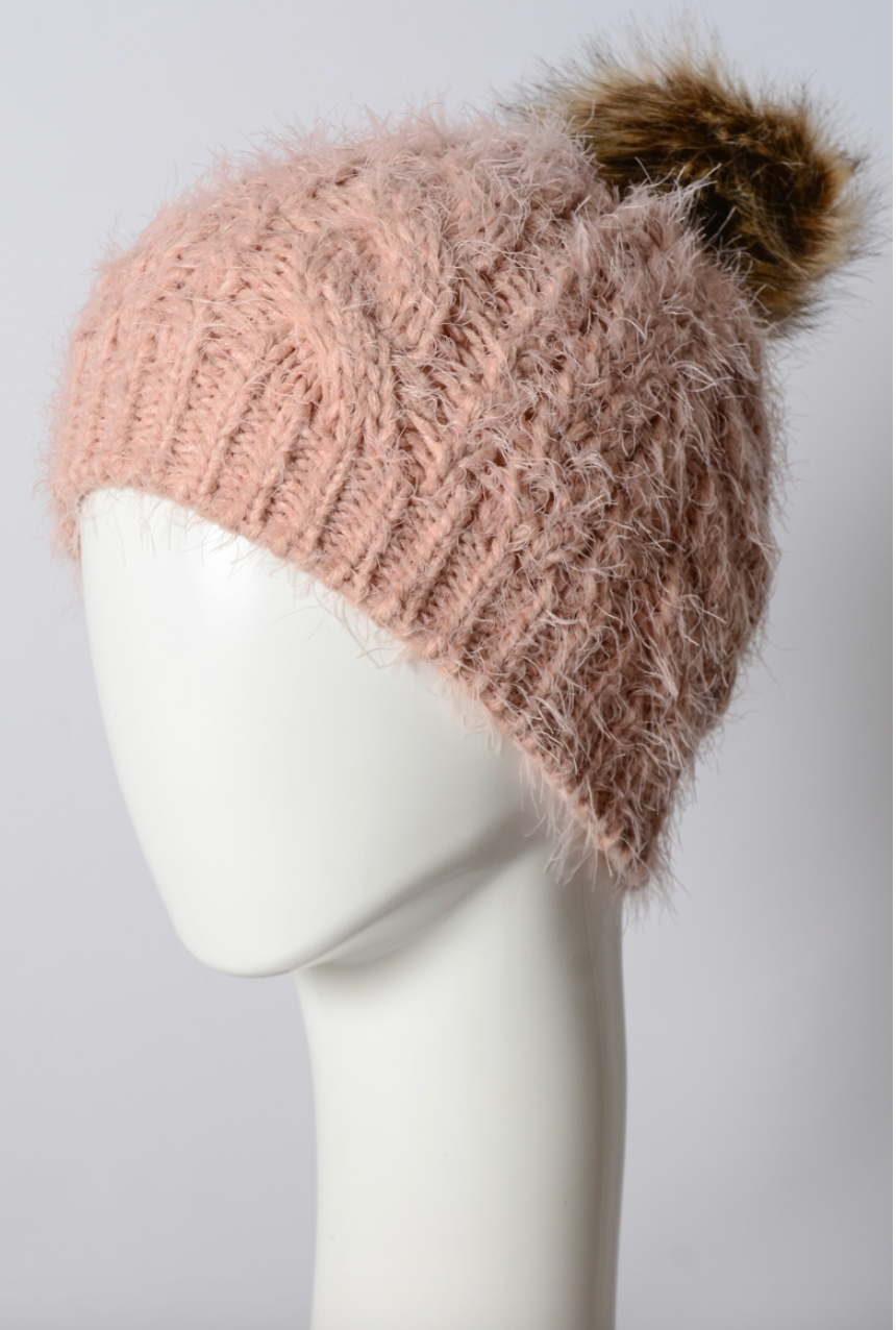 Mohair Fur Knit Pom Beanie