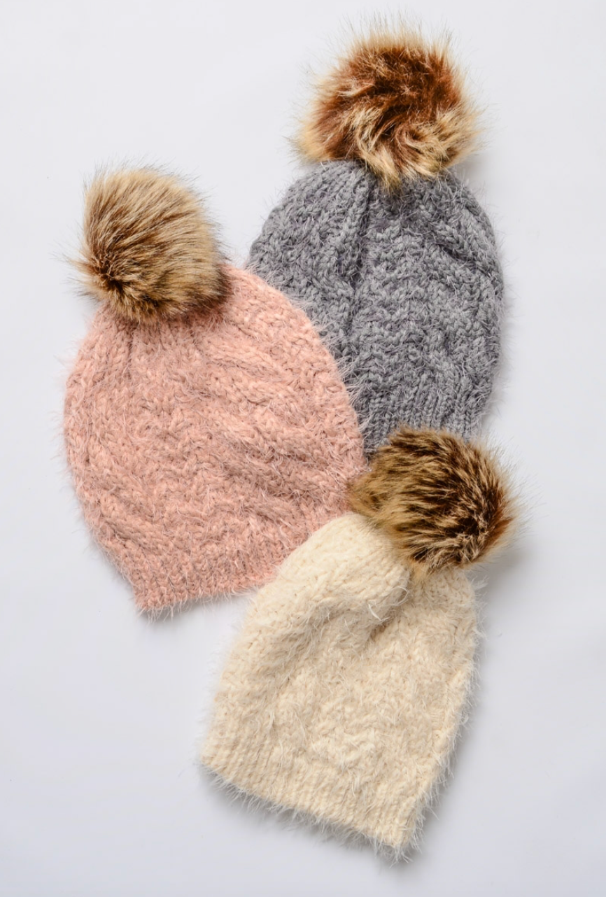 Mohair Fur Knit Pom Beanie