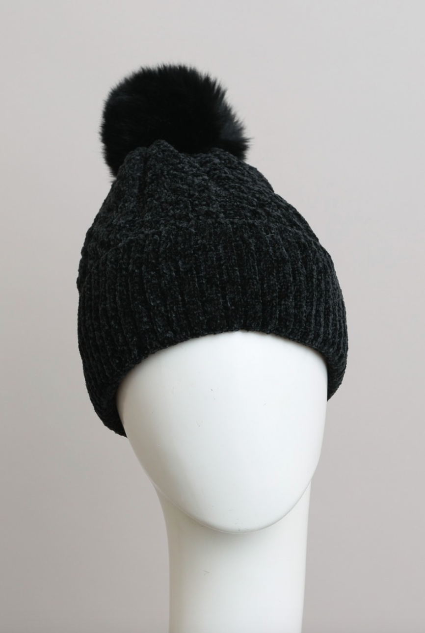 Velvet Cable Knit Pom Beanie