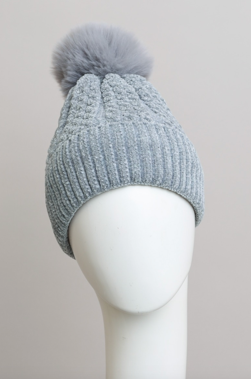 Velvet Cable Knit Pom Beanie