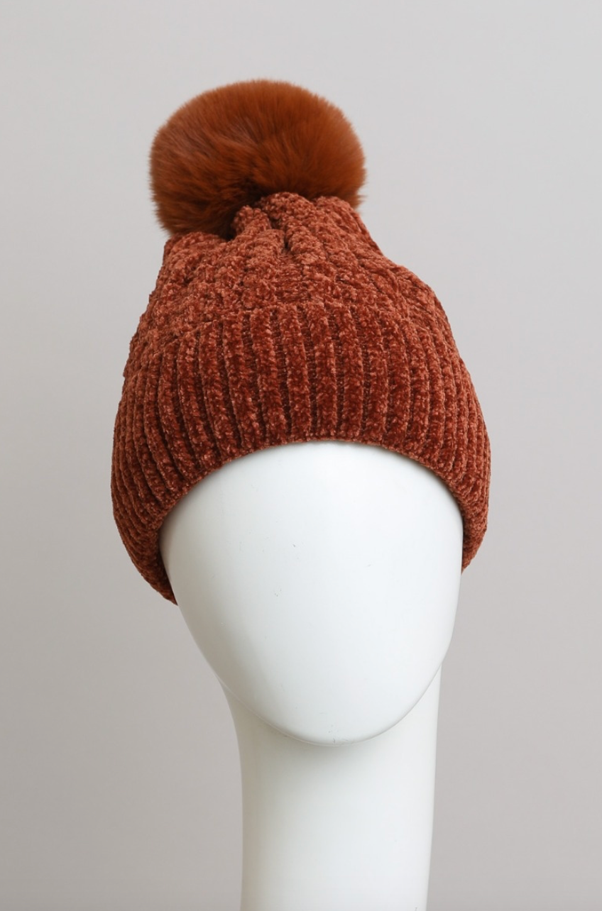 Velvet Cable Knit Pom Beanie