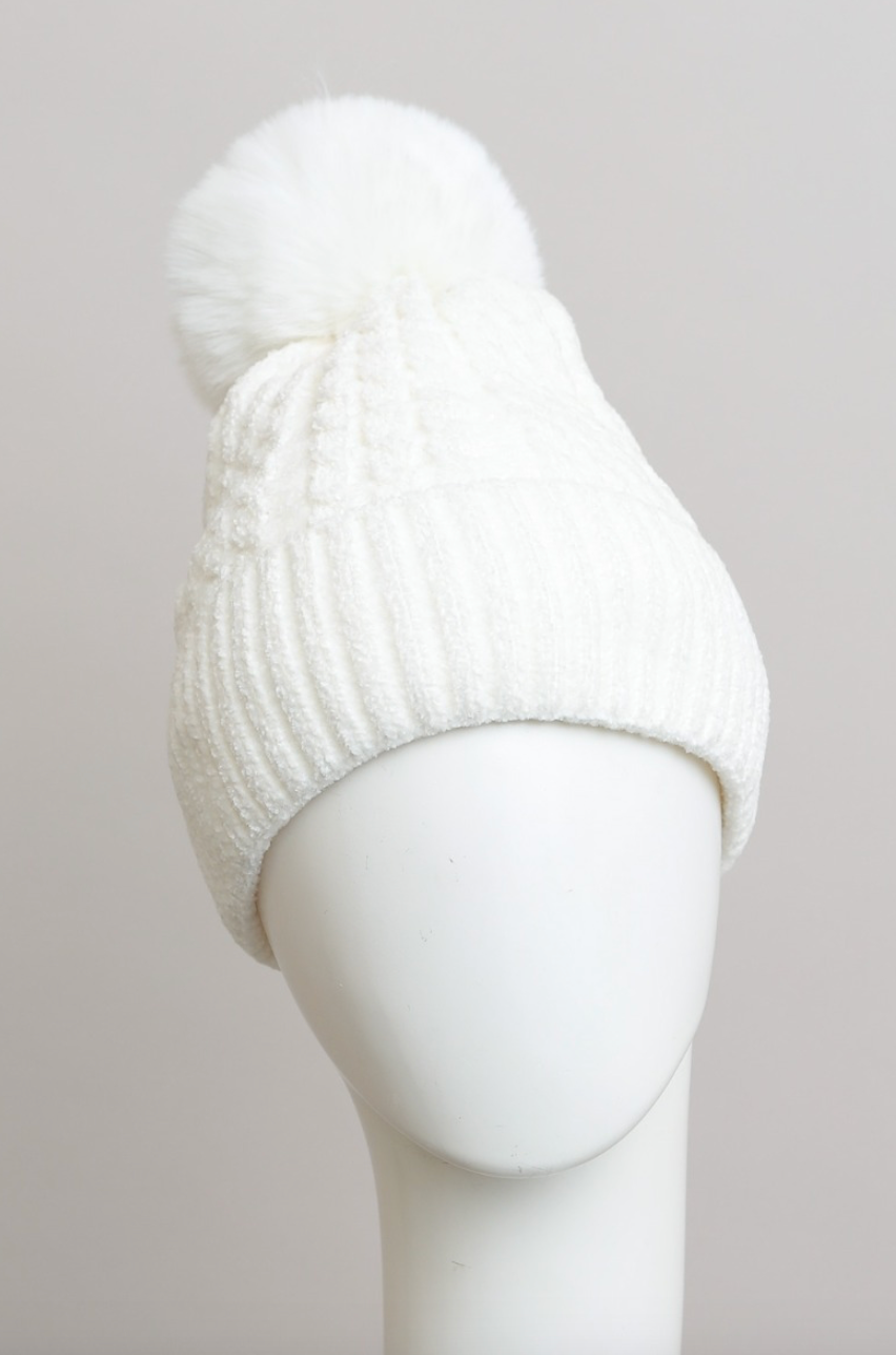 Velvet Cable Knit Pom Beanie