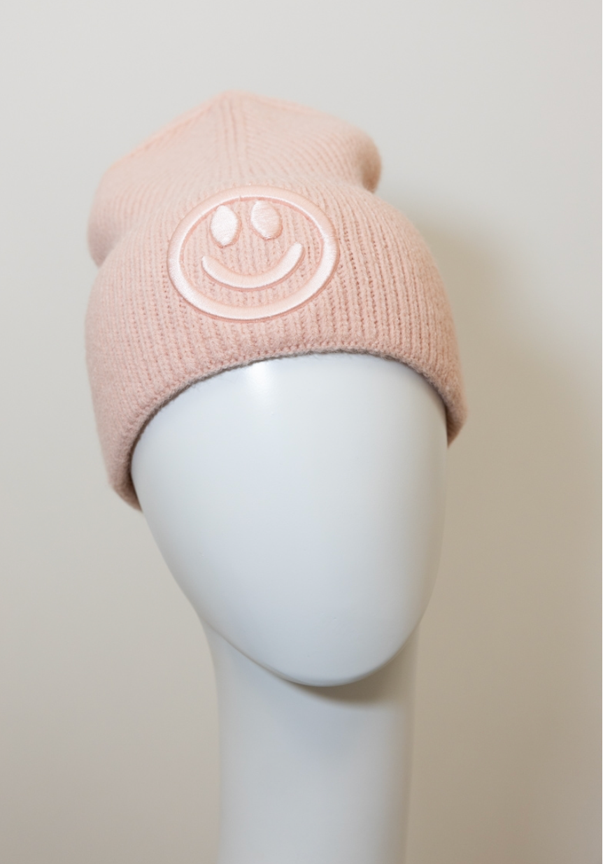 Embroidered Smiley Face Ribbed Knit Beanie