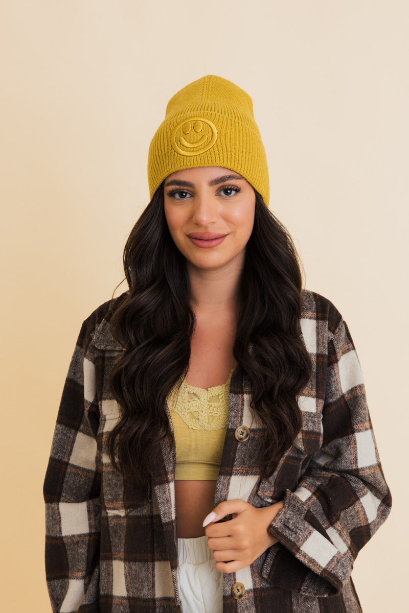 Embroidered Smiley Face Ribbed Knit Beanie