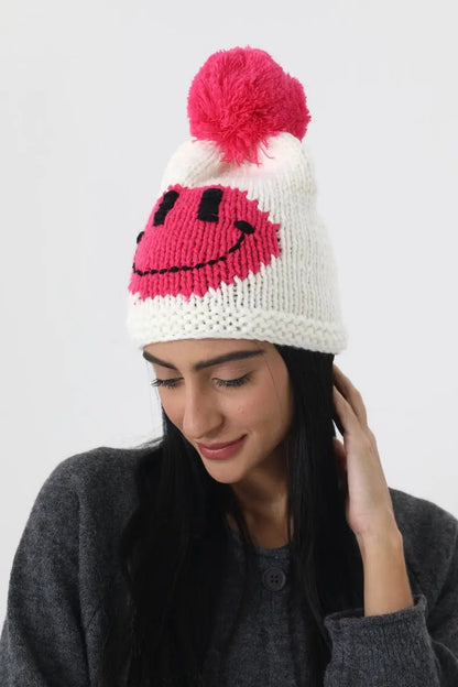 Handmade Smiley Pom Pom Knit Winter Beanie For Women ☃️😊 Leto Collection