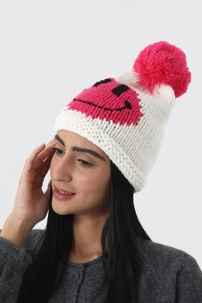 Handmade Smiley Pom Pom Knit Winter Beanie For Women ☃️😊 Leto Collection