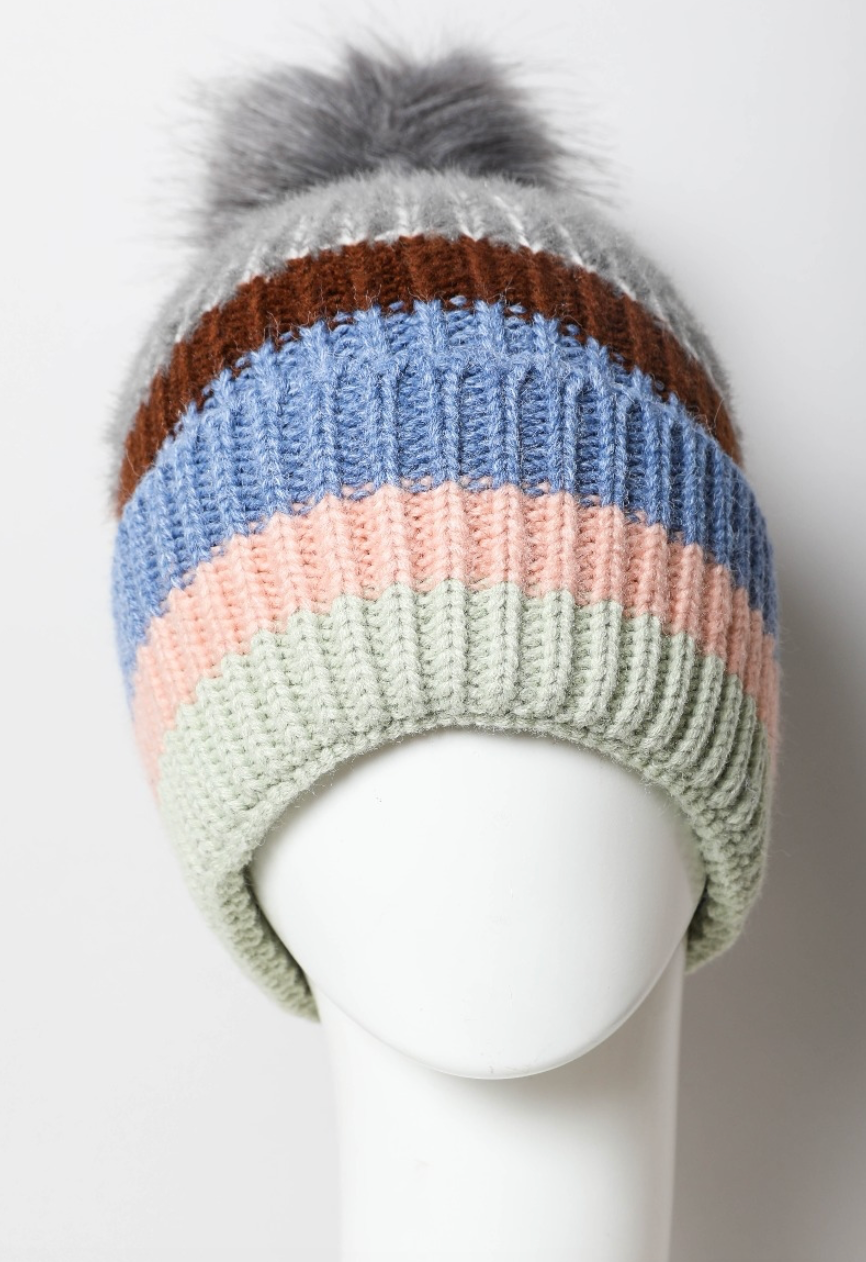 Pastel Stripe Knit Pom Beanie