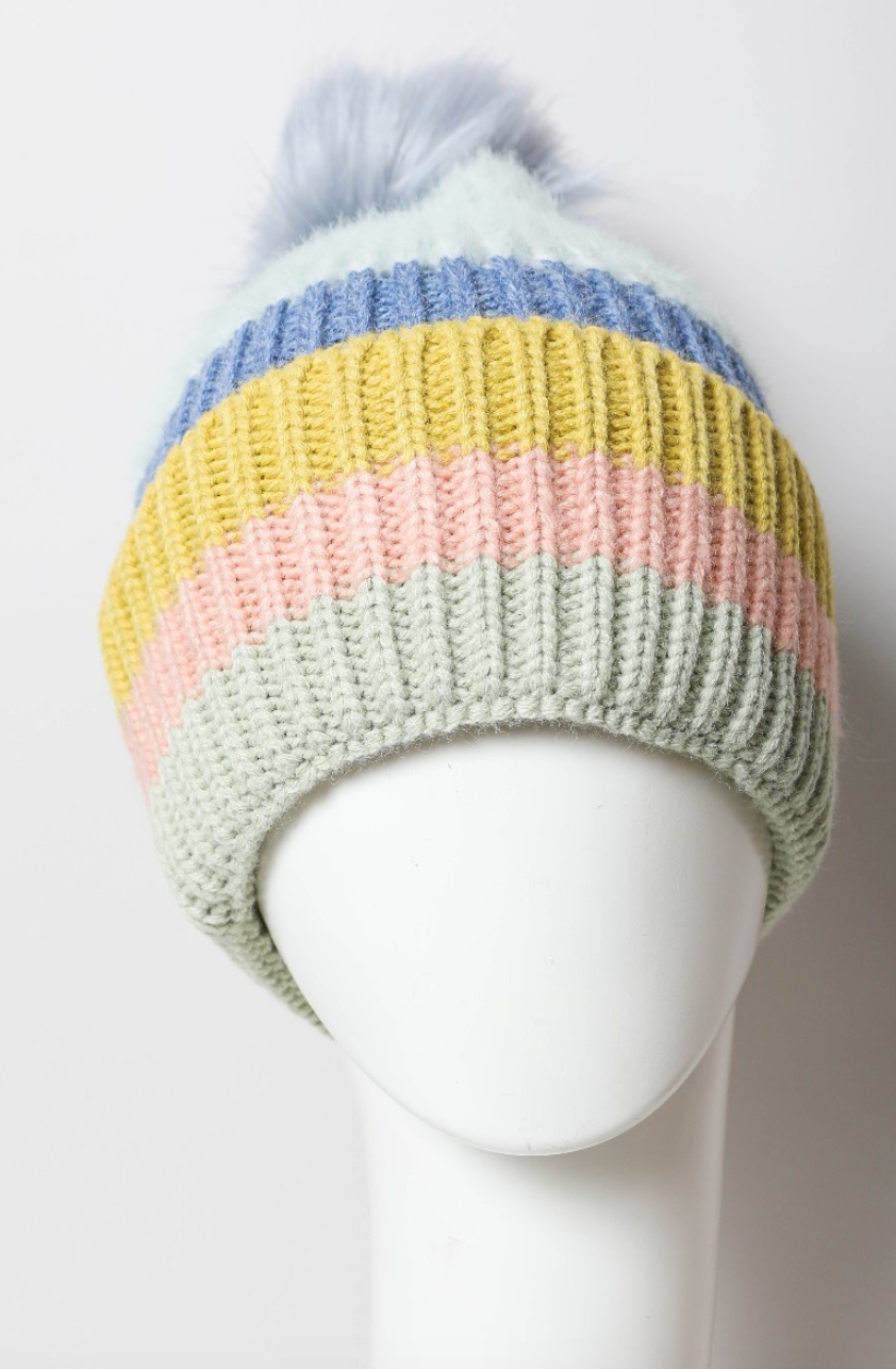 Pastel Stripe Knit Pom Beanie