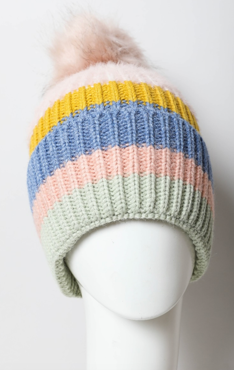 Pastel Stripe Knit Pom Beanie