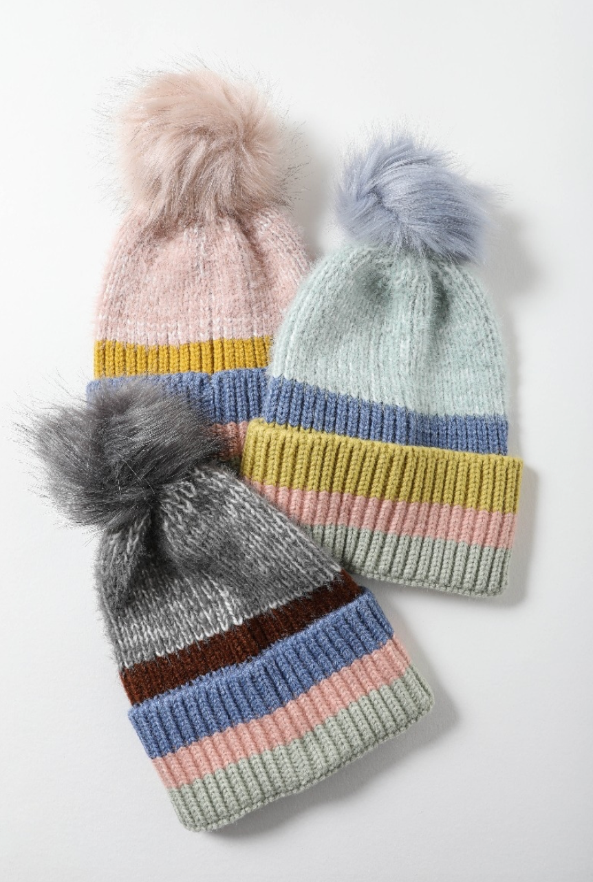 Pastel Stripe Knit Pom Beanie