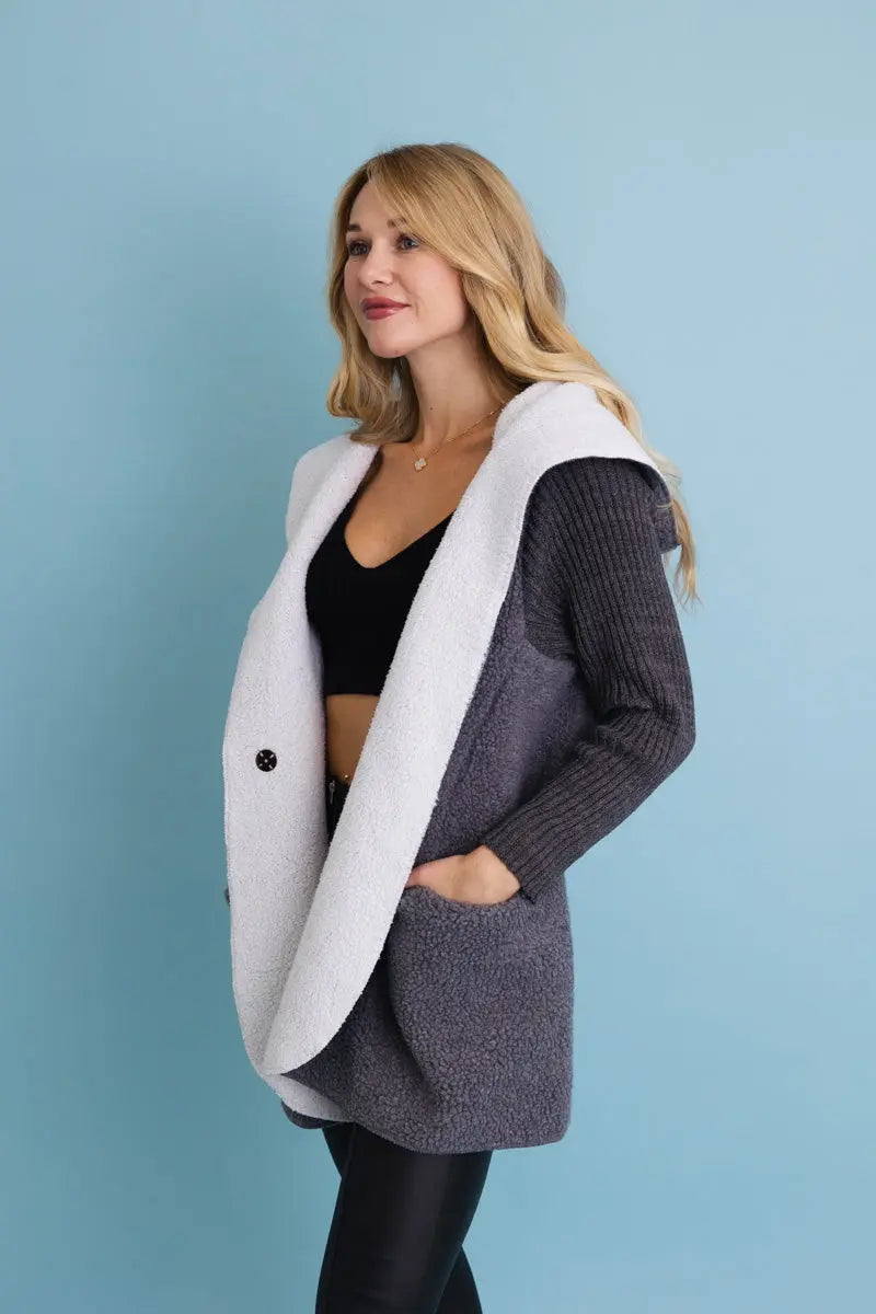 Gray Cozy Sherpa Hooded Cardigan