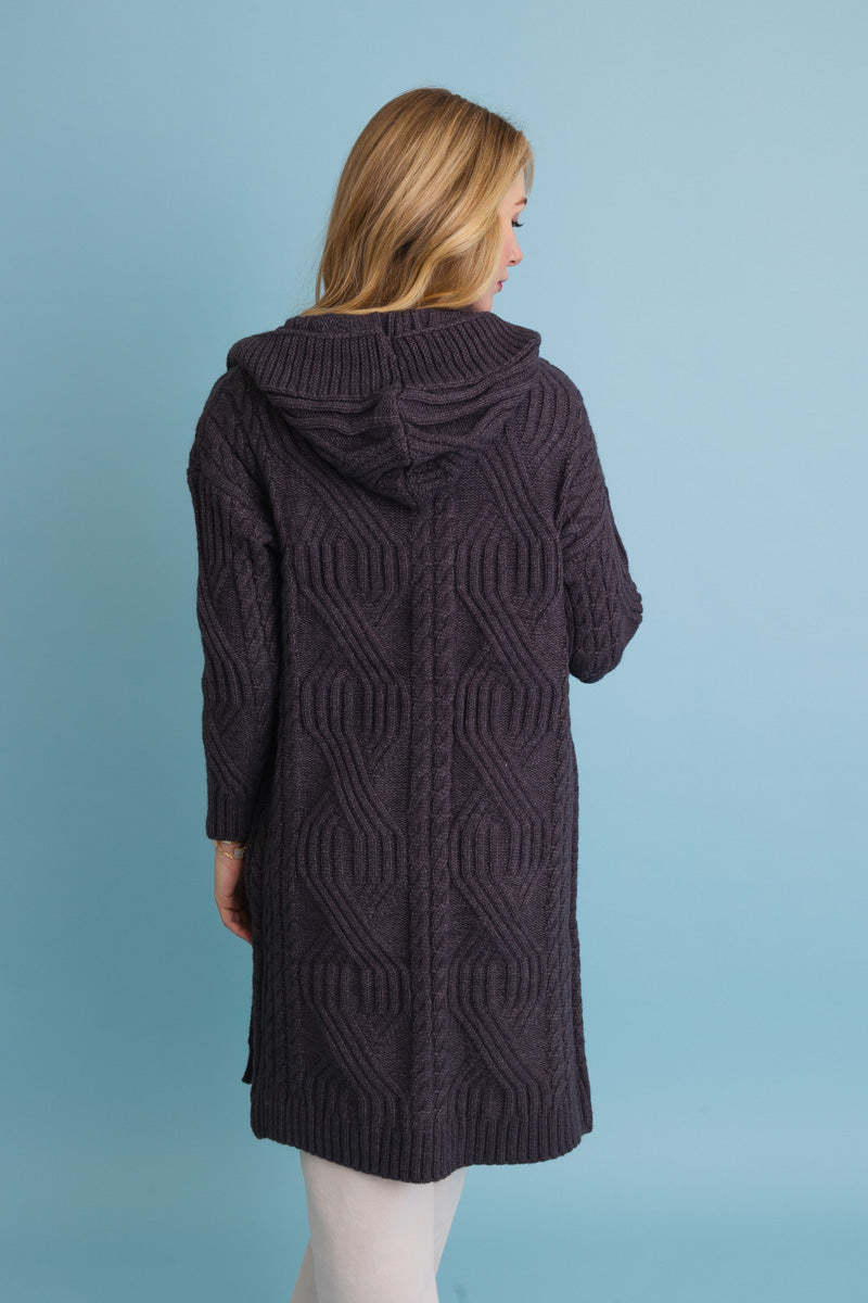 Cable Knit Hooded Cardigan with Large Buttons