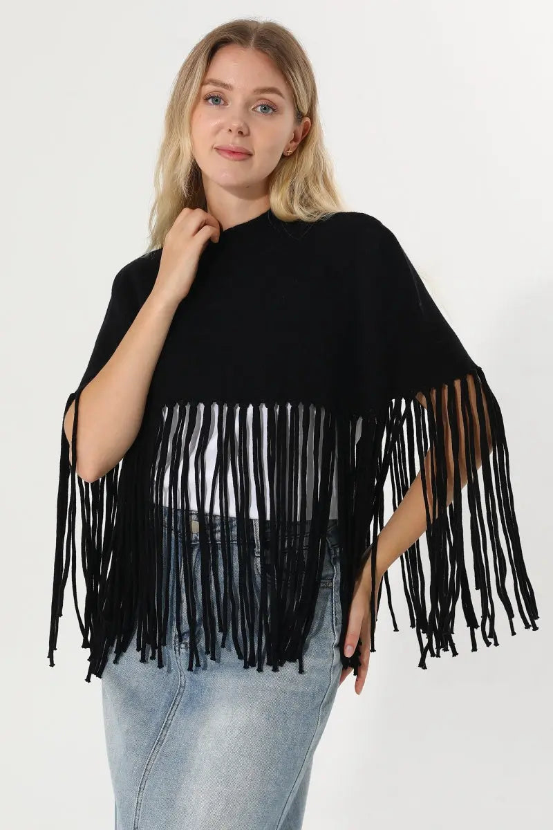 Women Solid Mock Neck Fringe Knit Poncho Cape Shawl 🧶🍂 Leto Collection