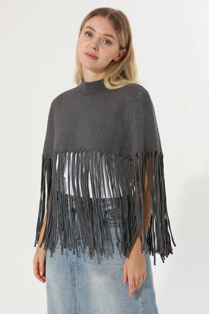 Women Solid Mock Neck Fringe Knit Poncho Cape Shawl 🧶🍂 Leto Collection