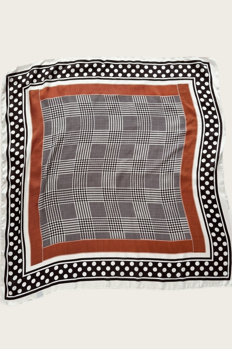 Square scarf with polka dot border and checkered pattern