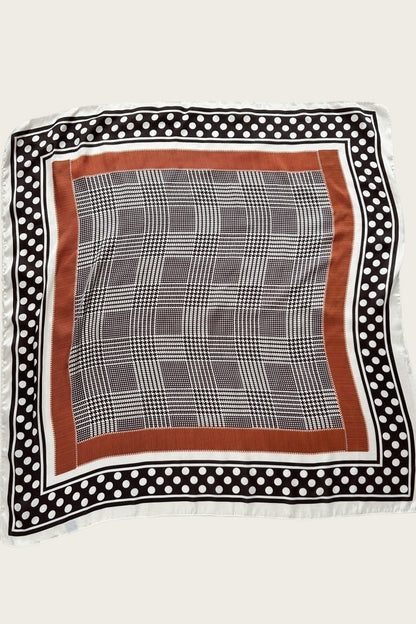 Square scarf with polka dot border and checkered pattern