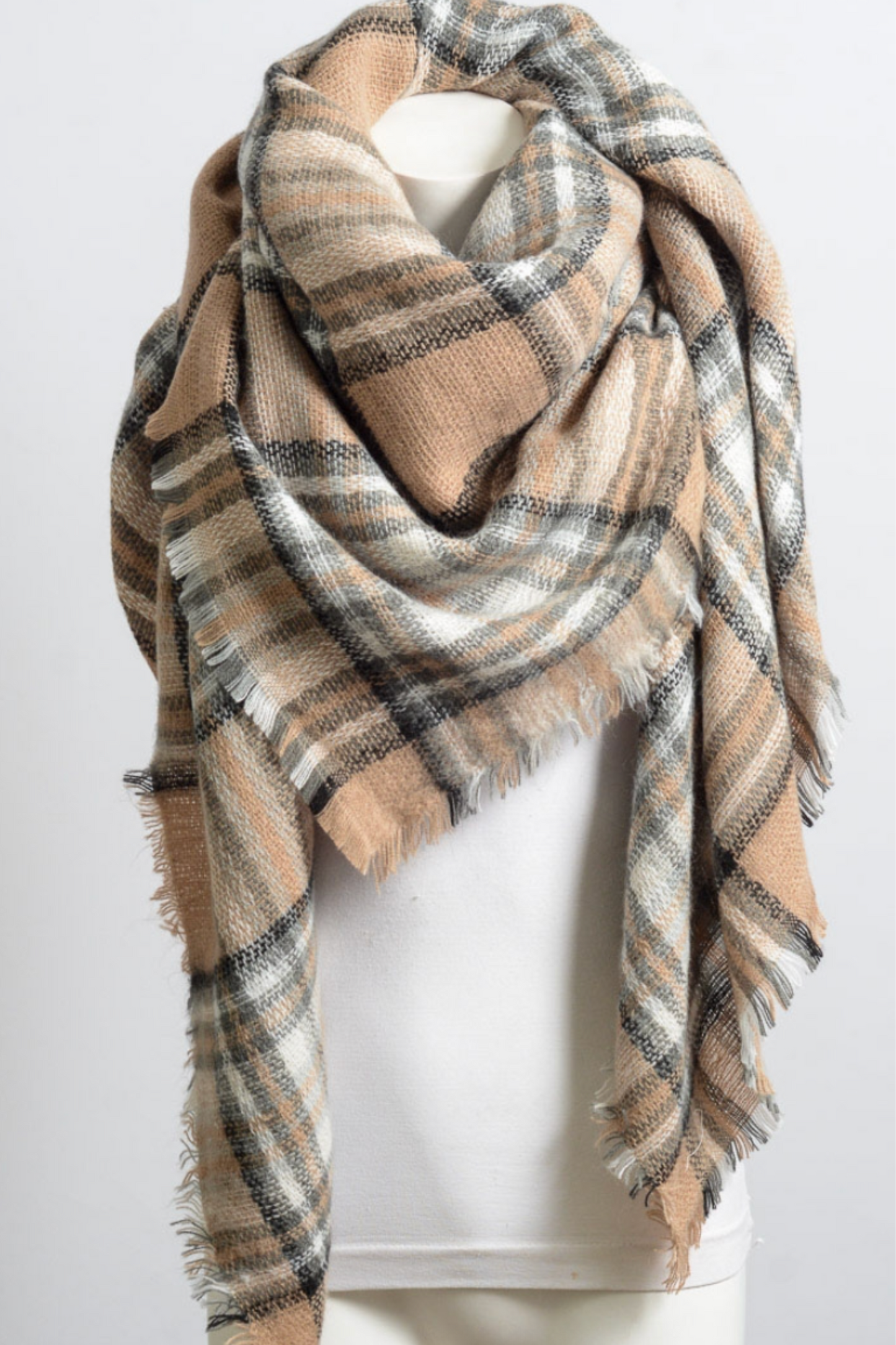 Flannel Frayed Edge Blanket Scarf Scarves plaid scarf, beige 