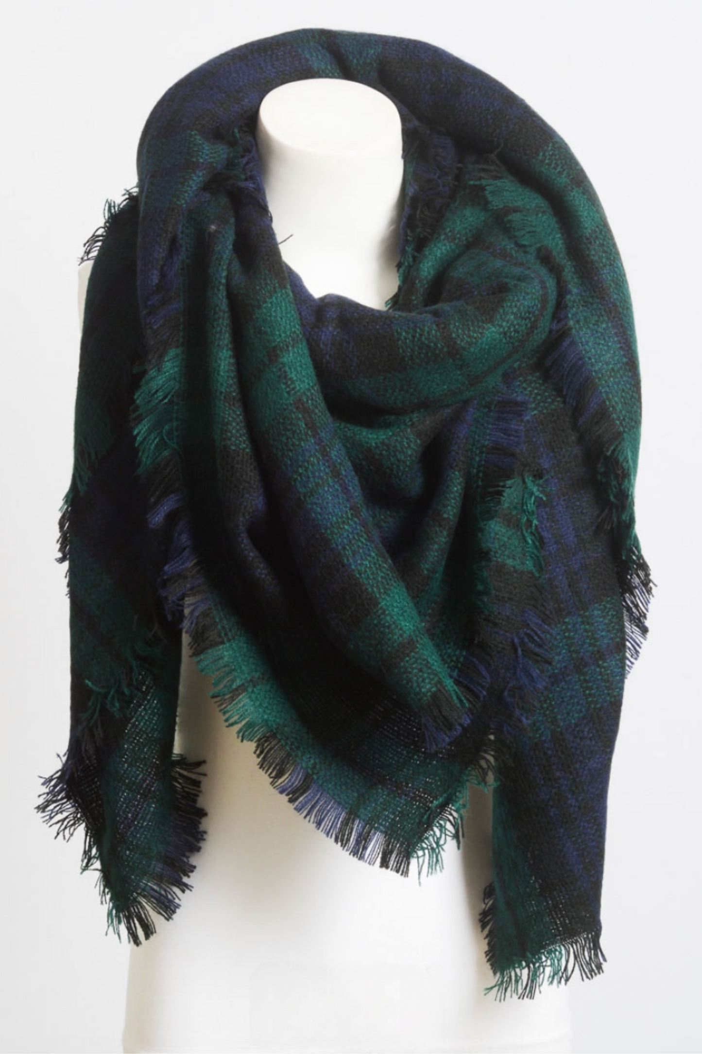 Flannel Frayed Edge Blanket Scarf Scarves plaid scarf, Green, Navy