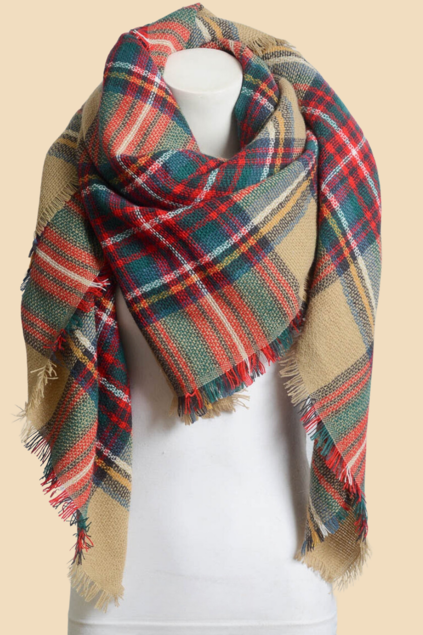 Flannel Frayed Edge Blanket Scarf Scarves plaid scarf, Khaki