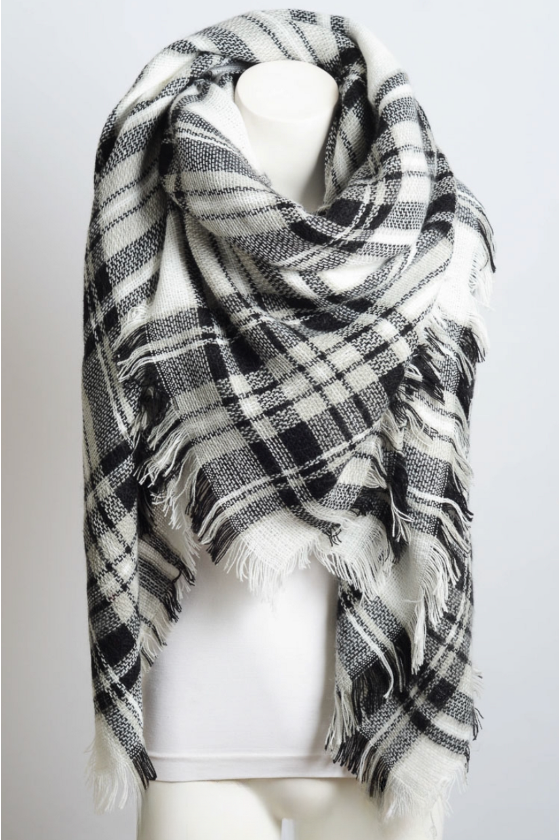 Flannel Frayed Edge Blanket Scarf Scarves plaid scarf, black and white