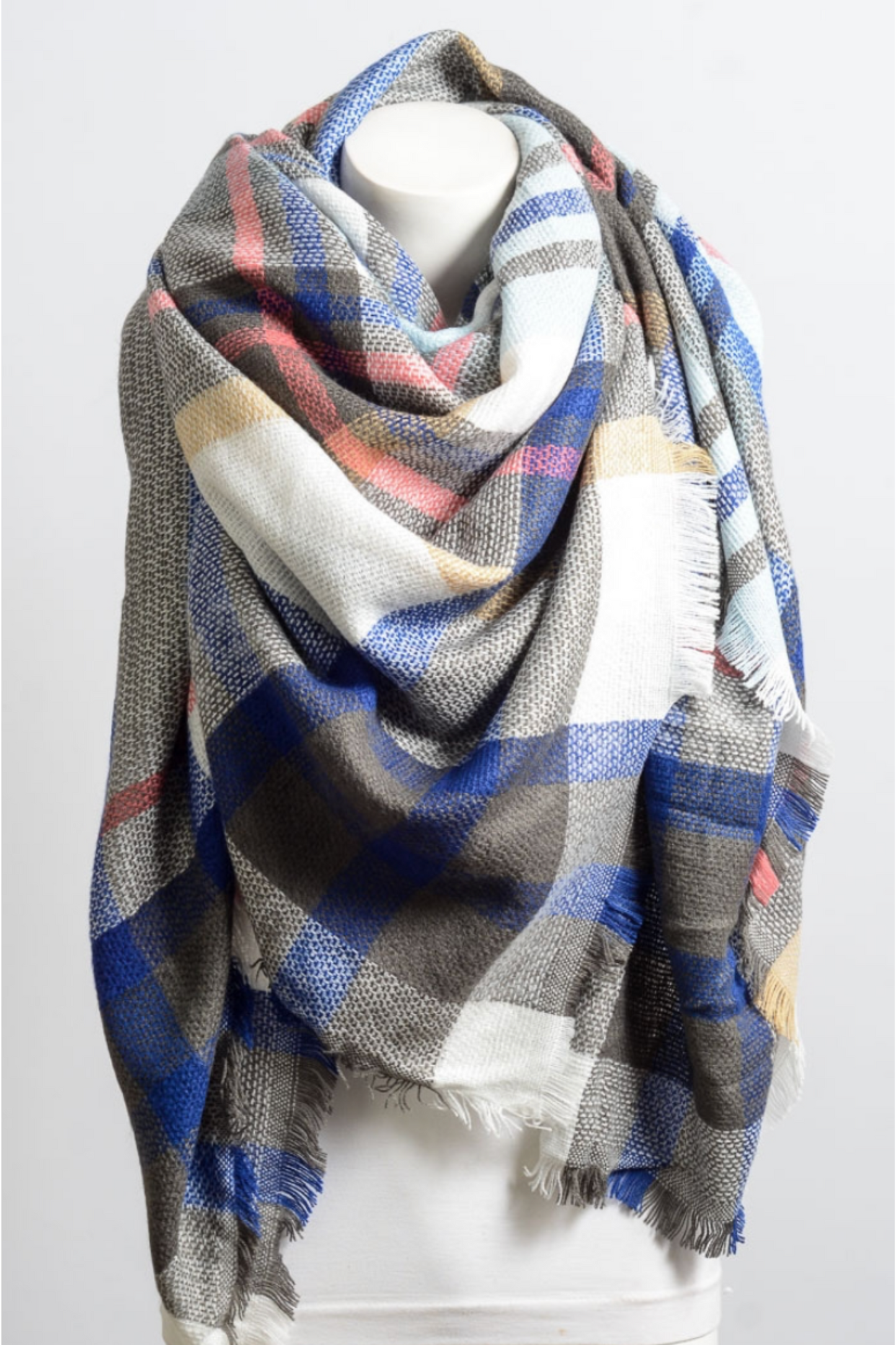 Flannel Frayed Edge Blanket Scarf Scarves plaid scarf, WhiteBluePink