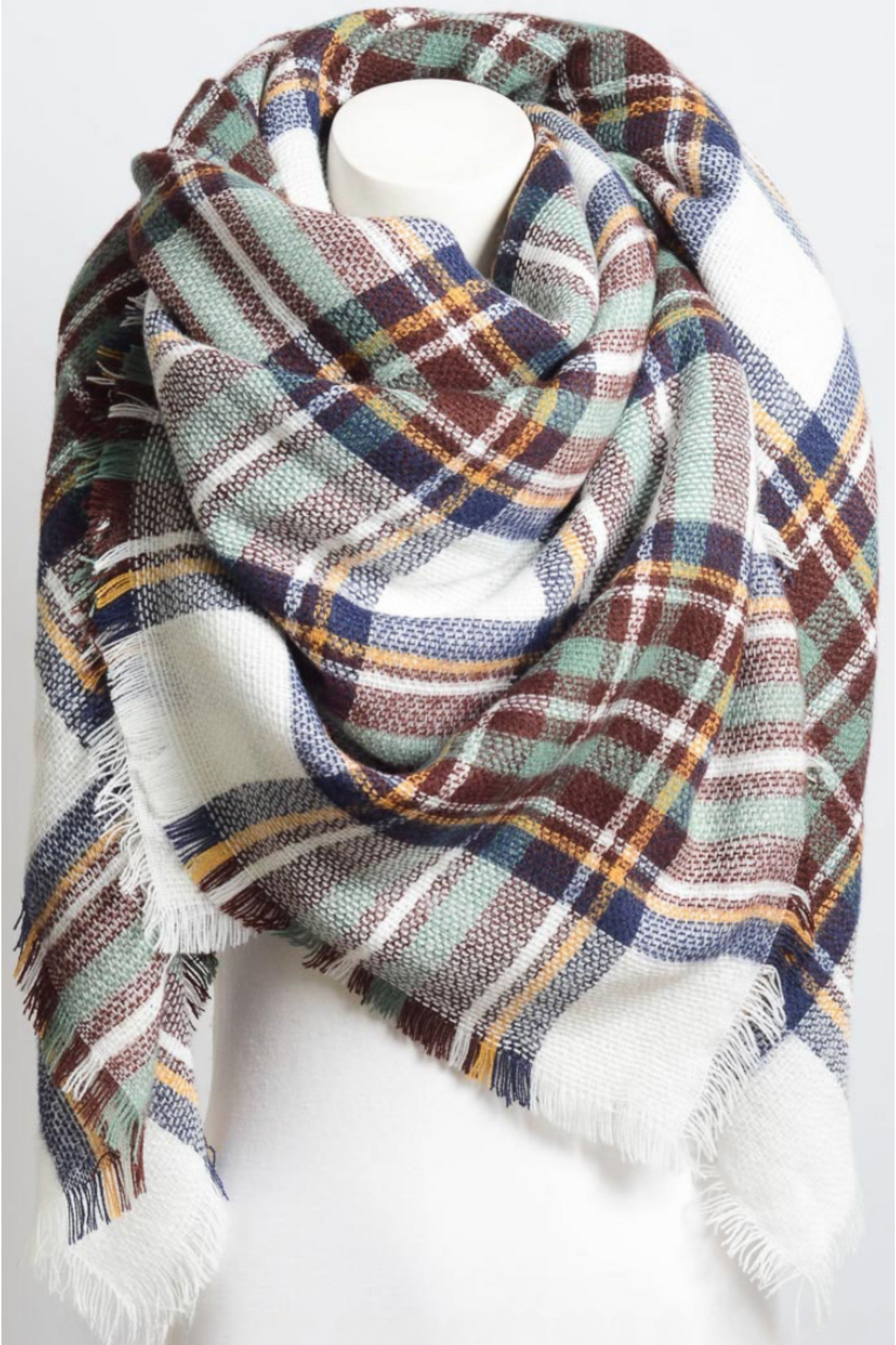 Flannel Frayed Edge Blanket Scarf Scarves plaid scarf, White Brown Mint