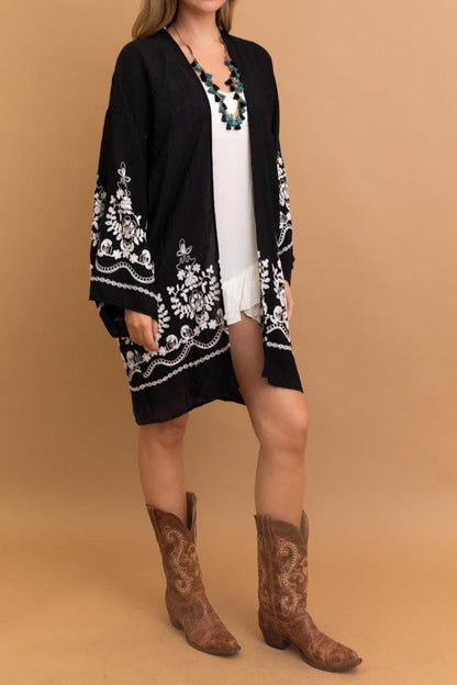 Sophisticated floral embroidered black kimono for stylish layering.