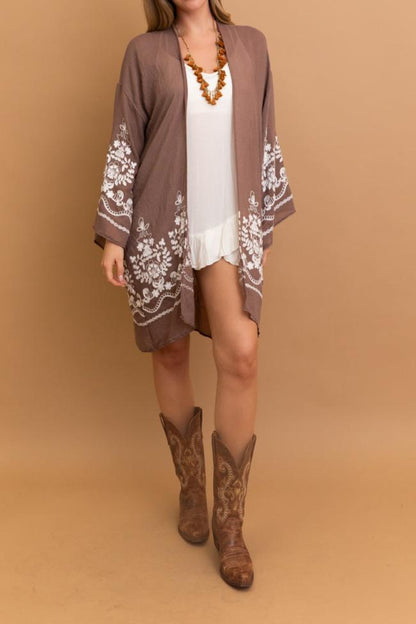 Lightweight Blossom Breeze floral mocha kimono with chic design.