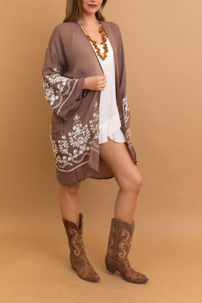 Floral garland mocha embroidered kimono with comfortable design.