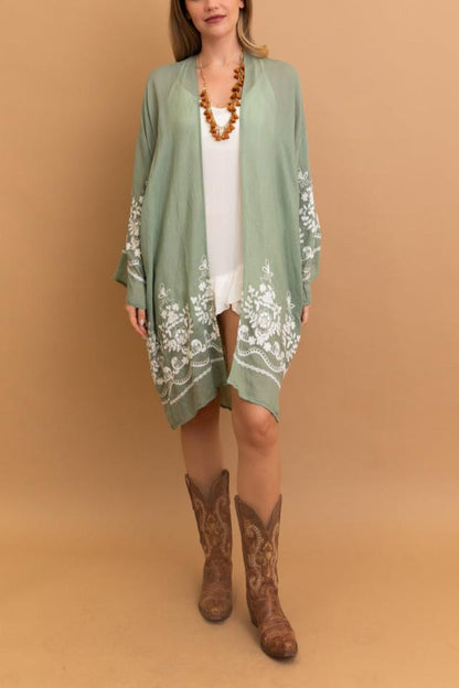 Elegant and lightweight sage floral kimono wrap for any occasion.