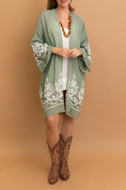 Breathable floral sage kimono cardigan for all-day comfort.
