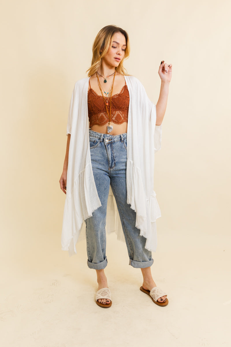 Solid Ruffle Edge Bohemian Kimono