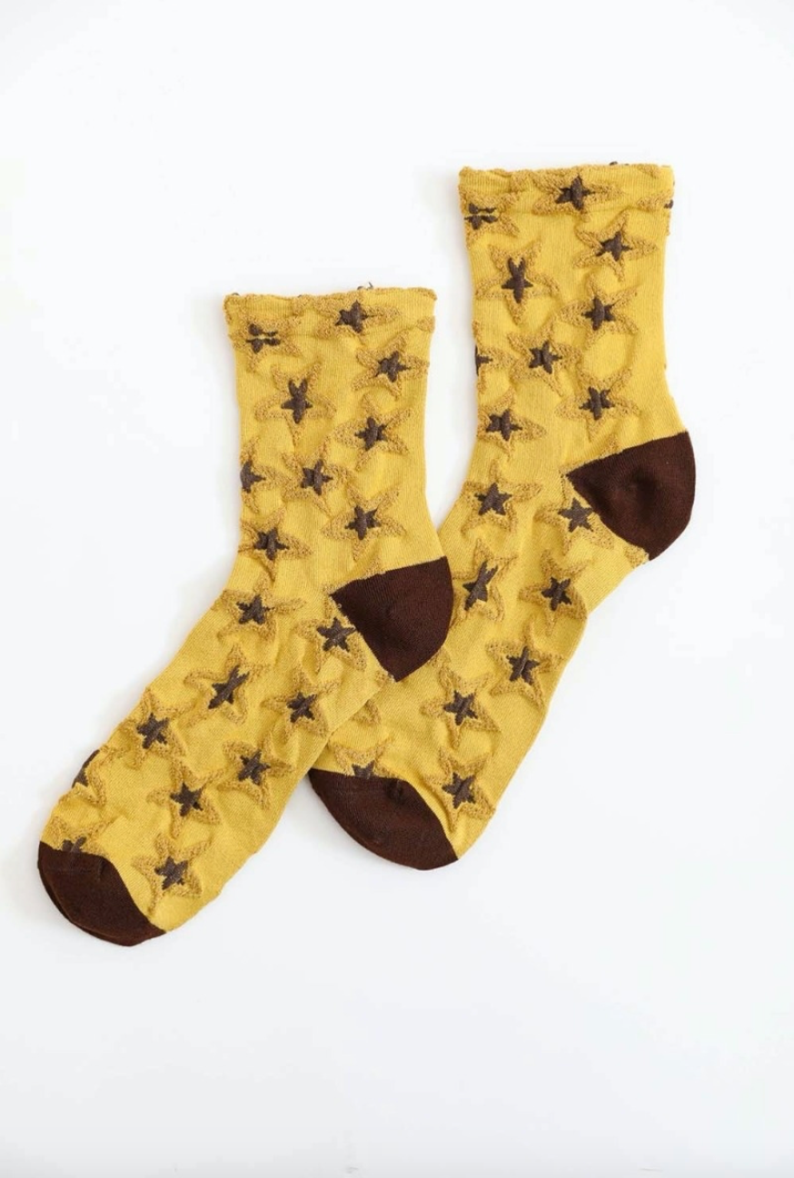 Eco-Friendly Star Design Socks, Mustard, brown stars socks
