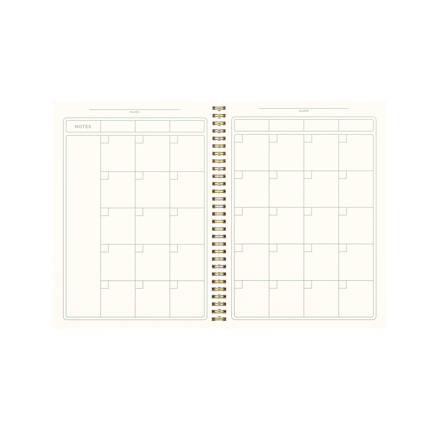 Open spiral-bound planner with grid layout on white background