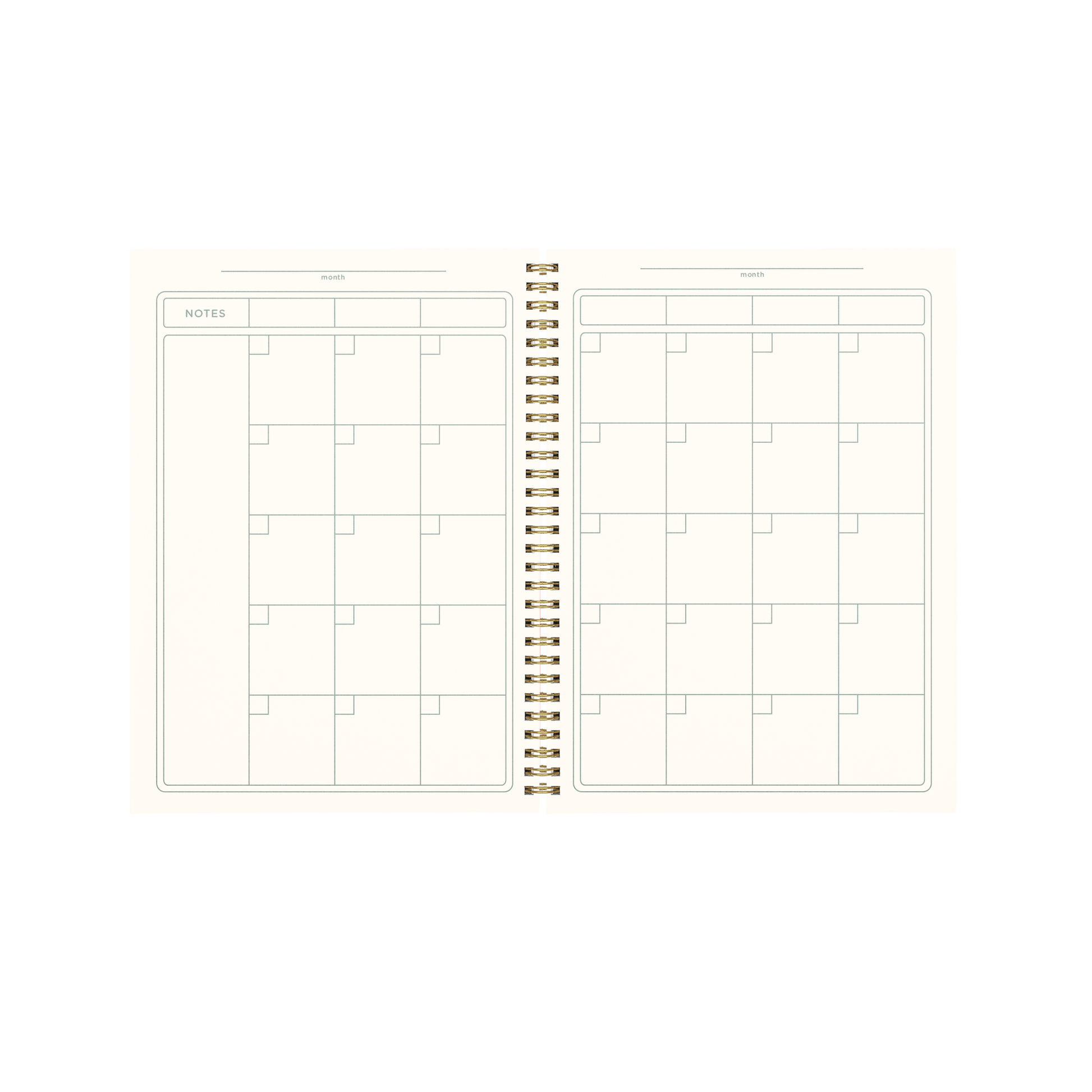 Open spiral-bound planner with grid layout on white background