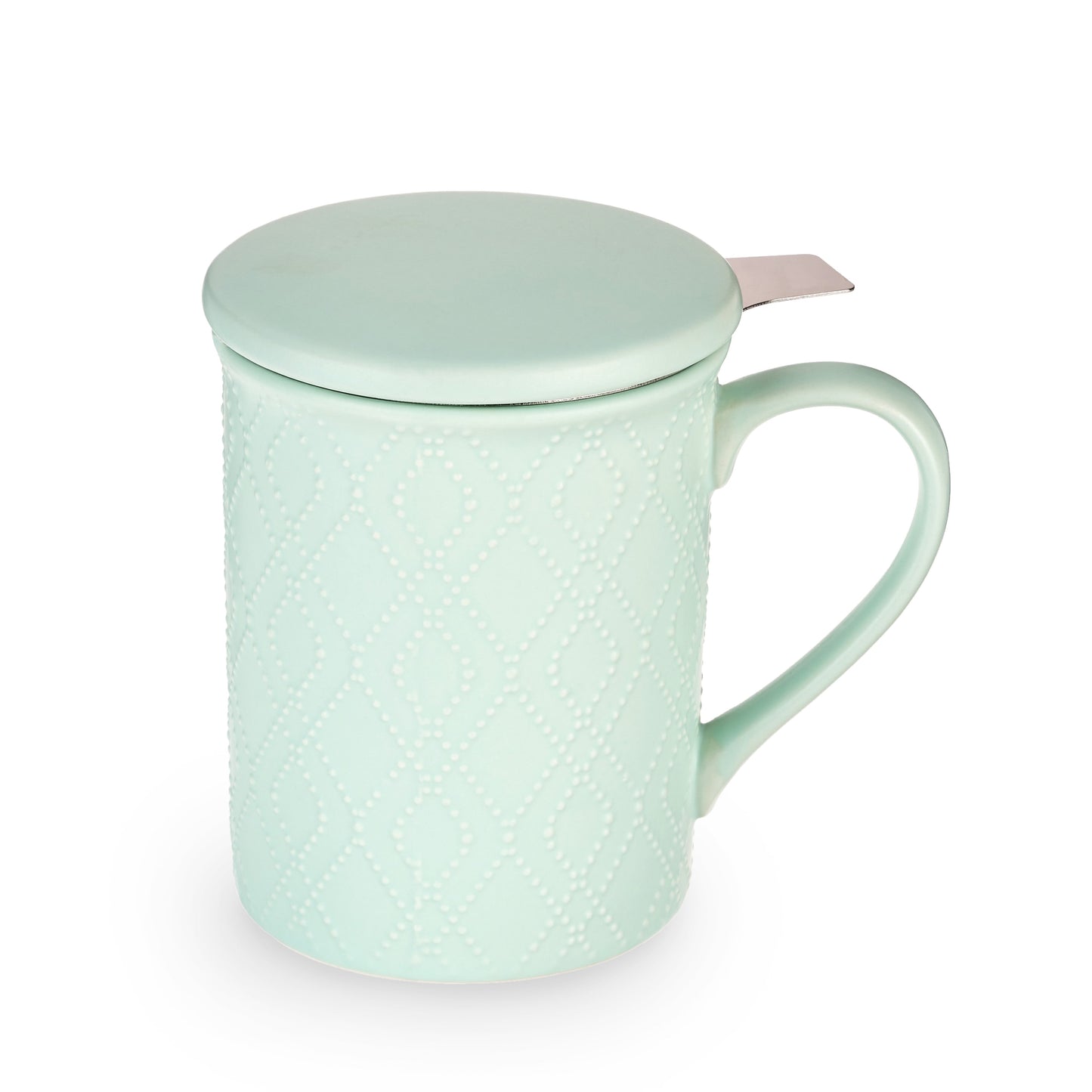 Mint green tea infuser mug with textured design and lid on a white background