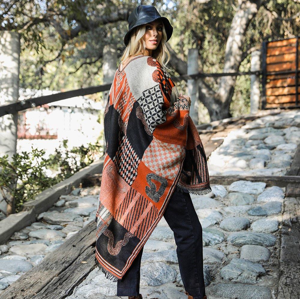 Baroque Style Frayed Edge Ruana Ponchos Rust