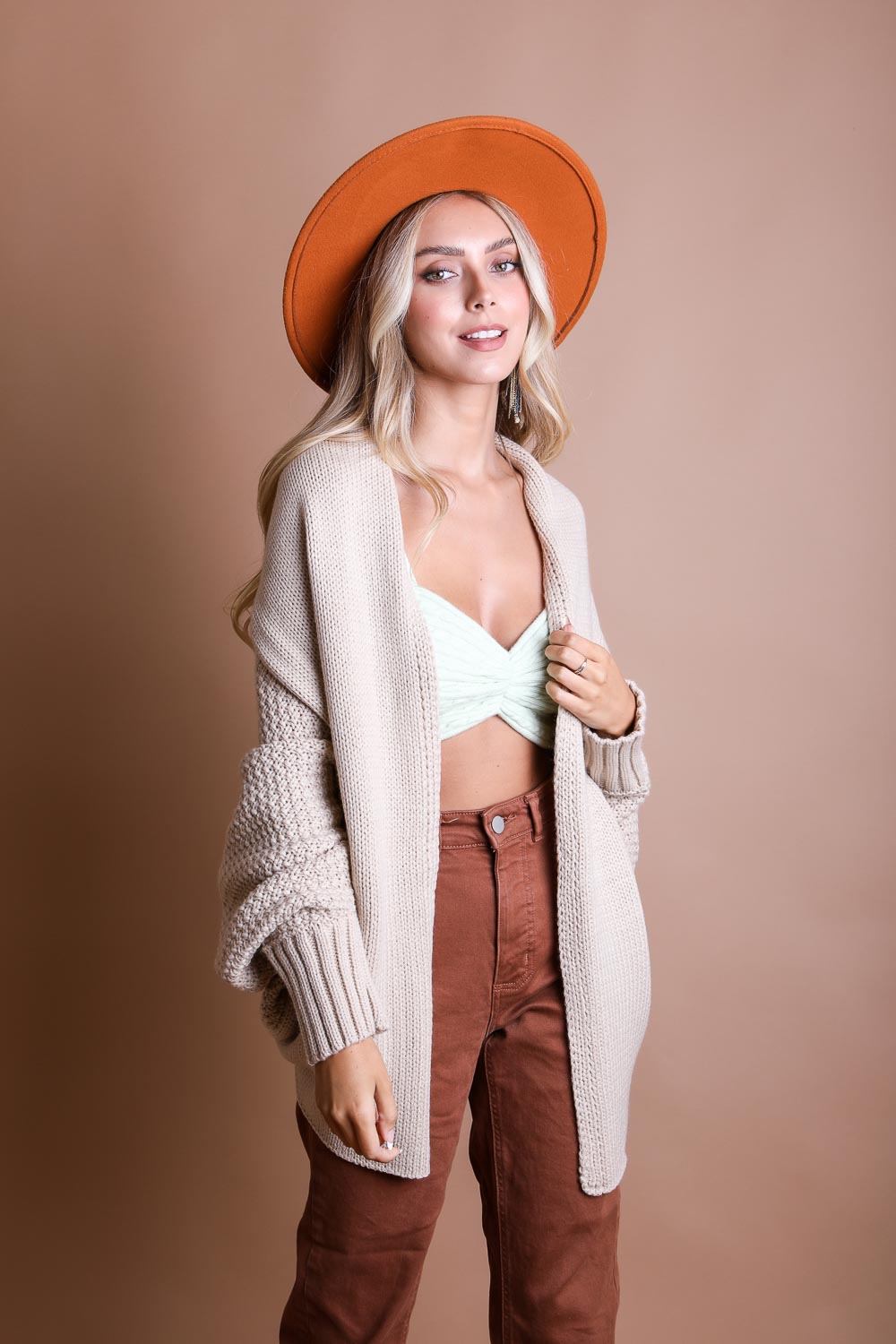 Bat Sleeve Knit Cardigan Ponchos Beige