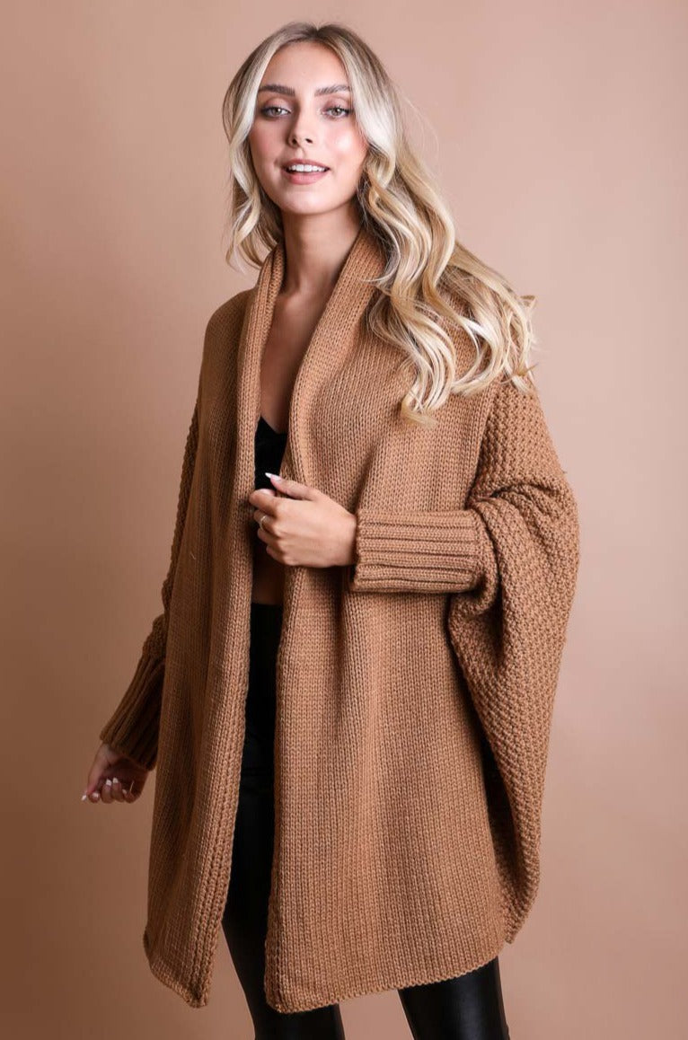 Bat Sleeve Knit Cardigan Ponchos Camel