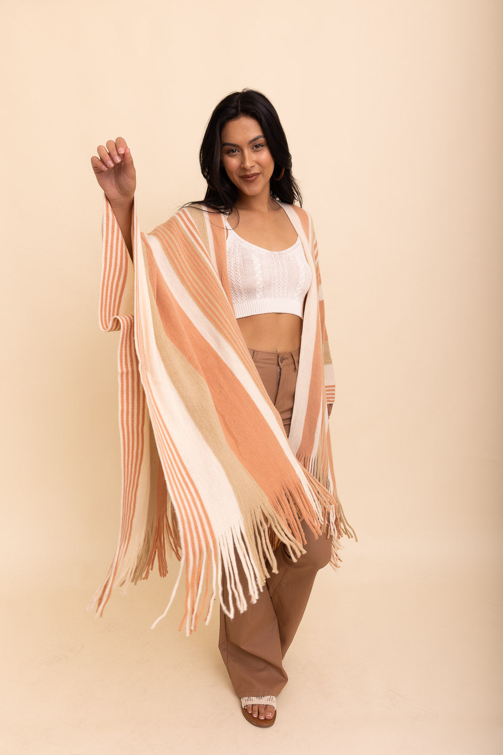 Boho Chic Frayed Edge Ruana Ponchos One Size / Beige