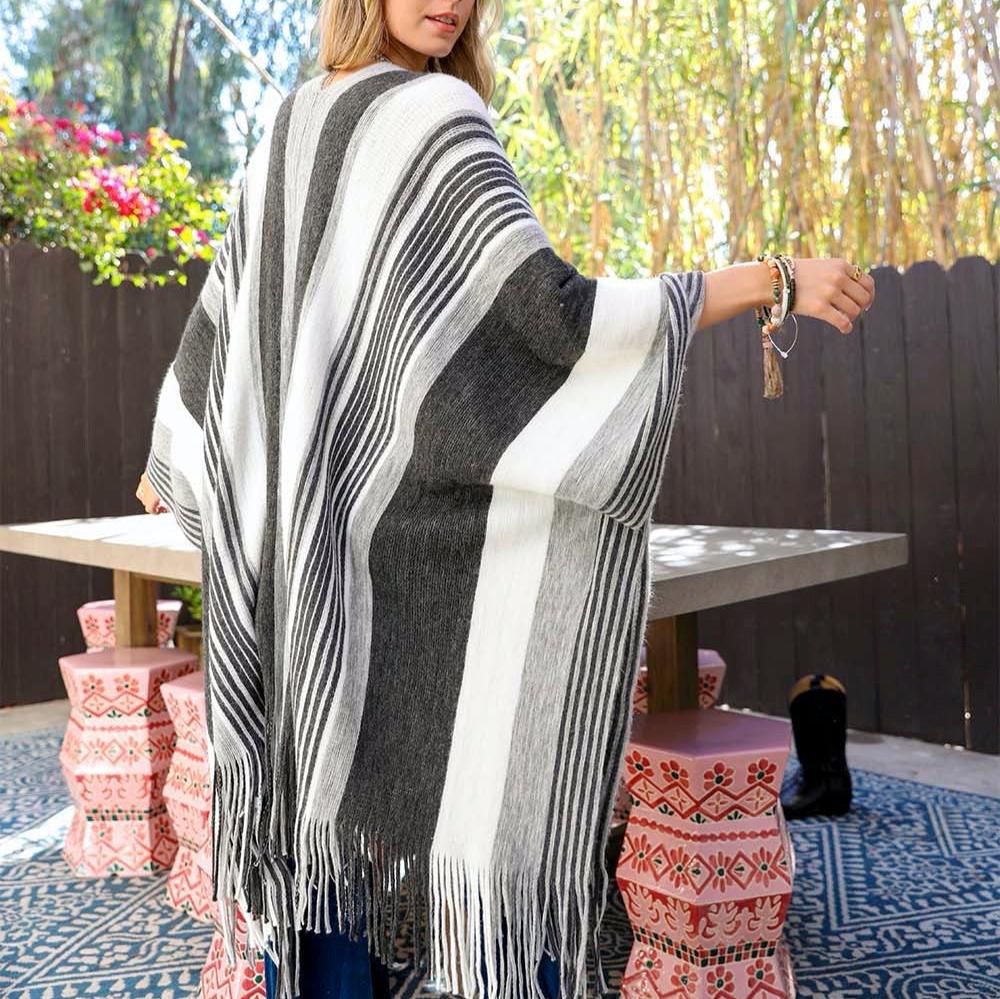 Boho Striped Frayed Edge Ruana Ponchos