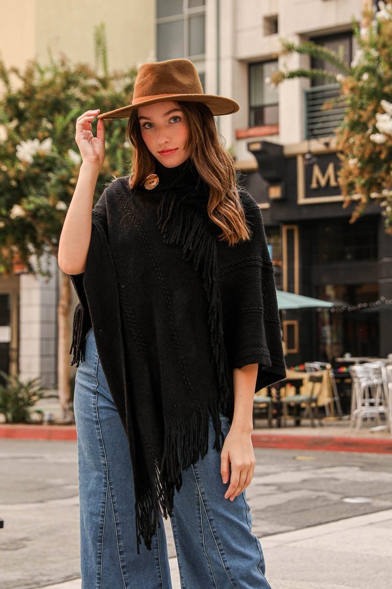 Button Neck Fringe Poncho Ponchos Black