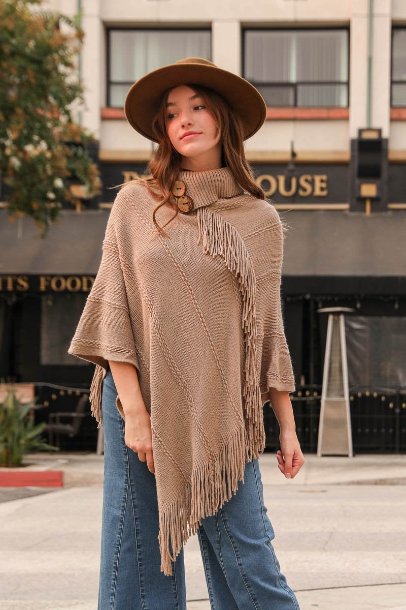 Button Neck Fringe Poncho Ponchos Mocha