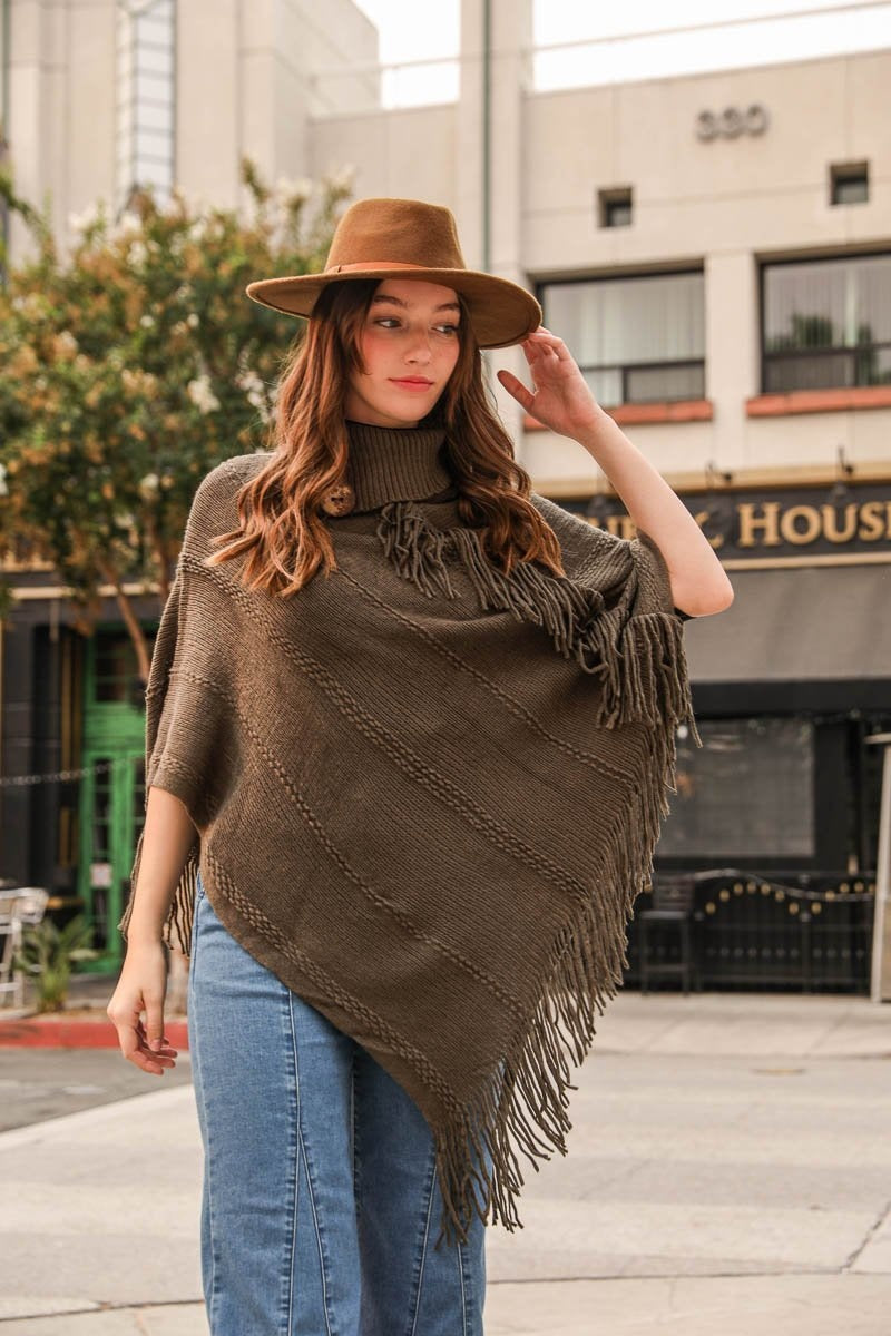 Button Neck Fringe Poncho Ponchos Olive