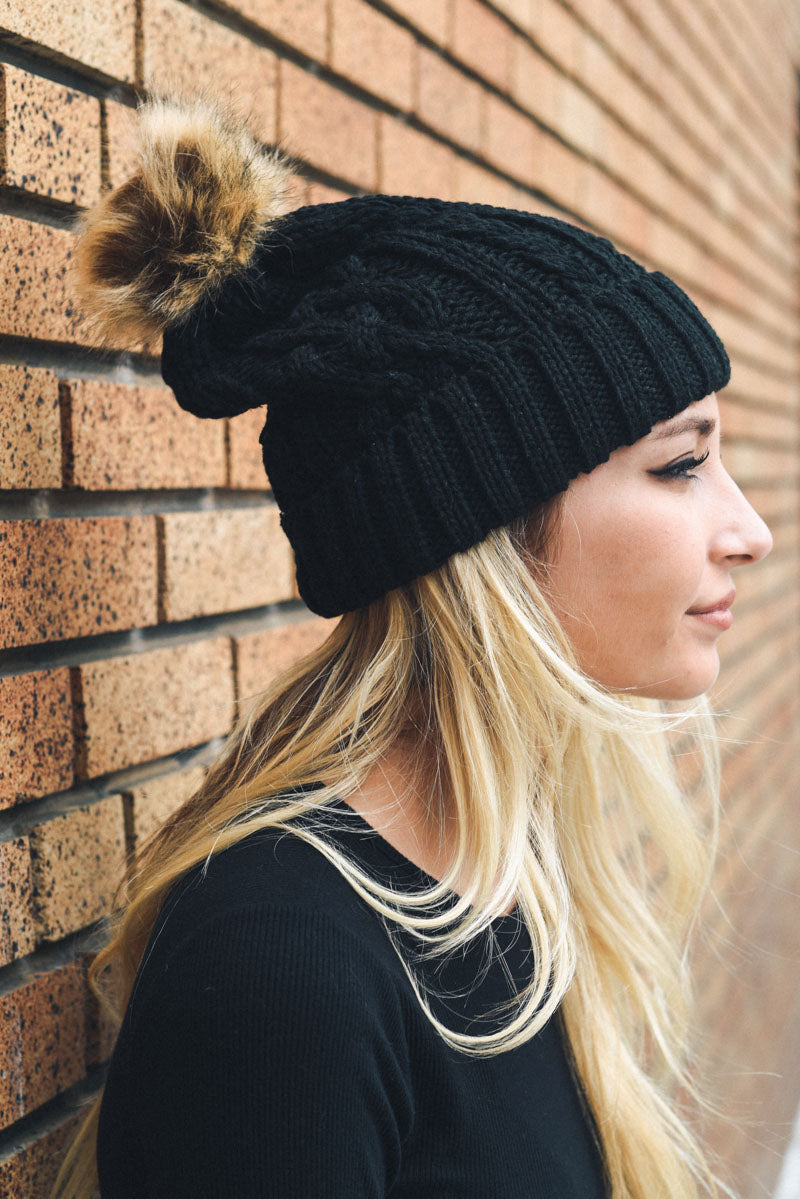 Cable Knit Beanie with Faux Fur Pom Beanies