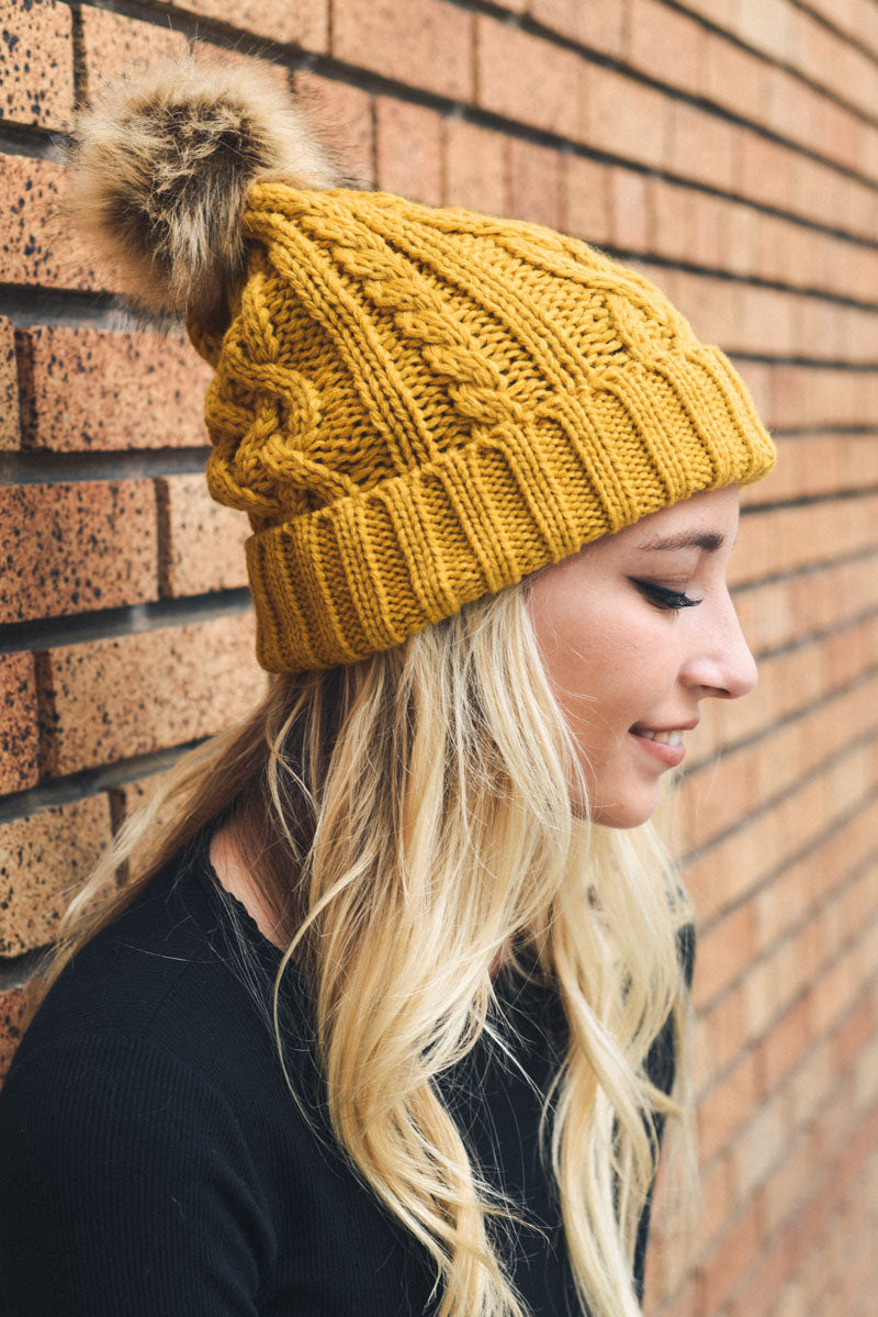 Cable Knit Beanie with Faux Fur Pom Beanies