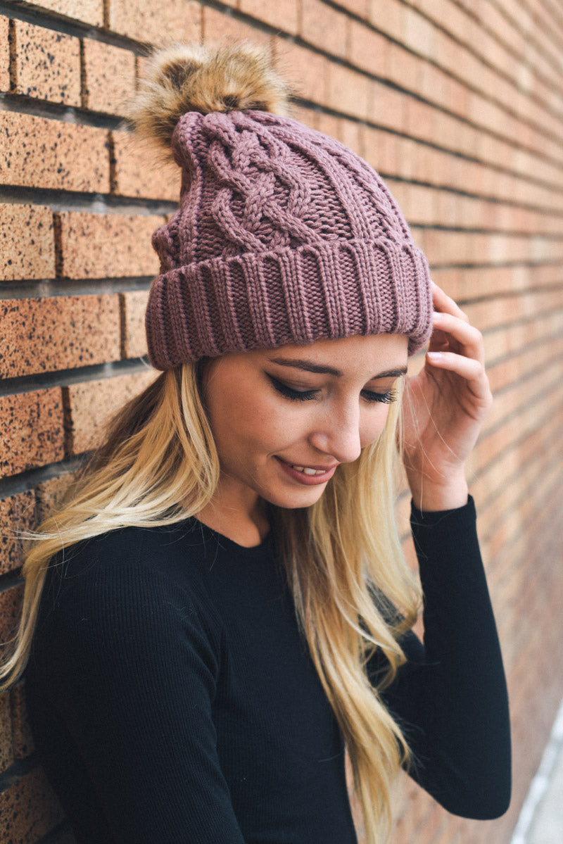 Cable Knit Beanie with Faux Fur Pom Beanies