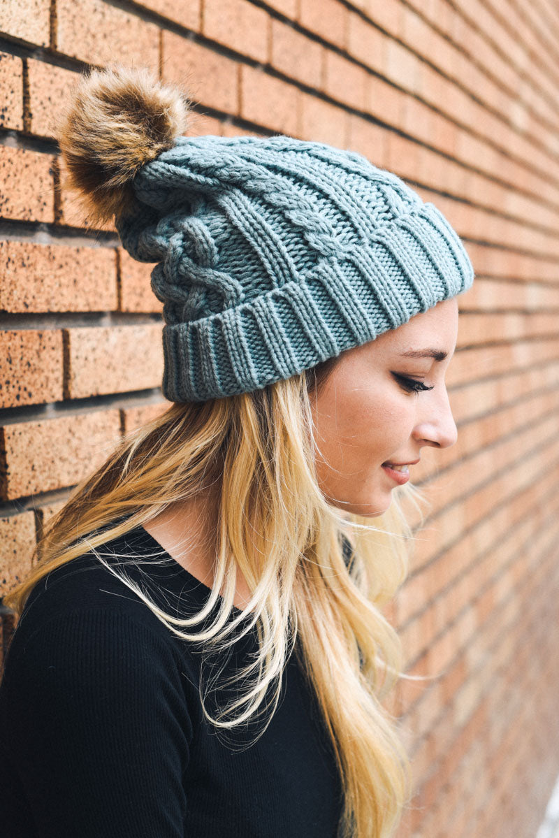 Cable Knit Beanie with Faux Fur Pom Beanies